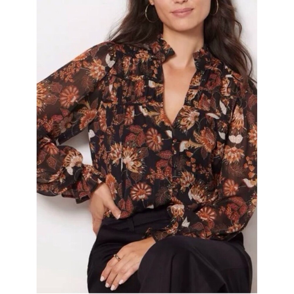 Evereve Black Floral Ruffle Neck Long-Sleeve Blouse